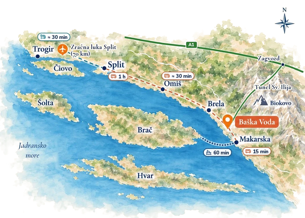 Karta: Baška Voda, Makarska, Split i zračna luka Split